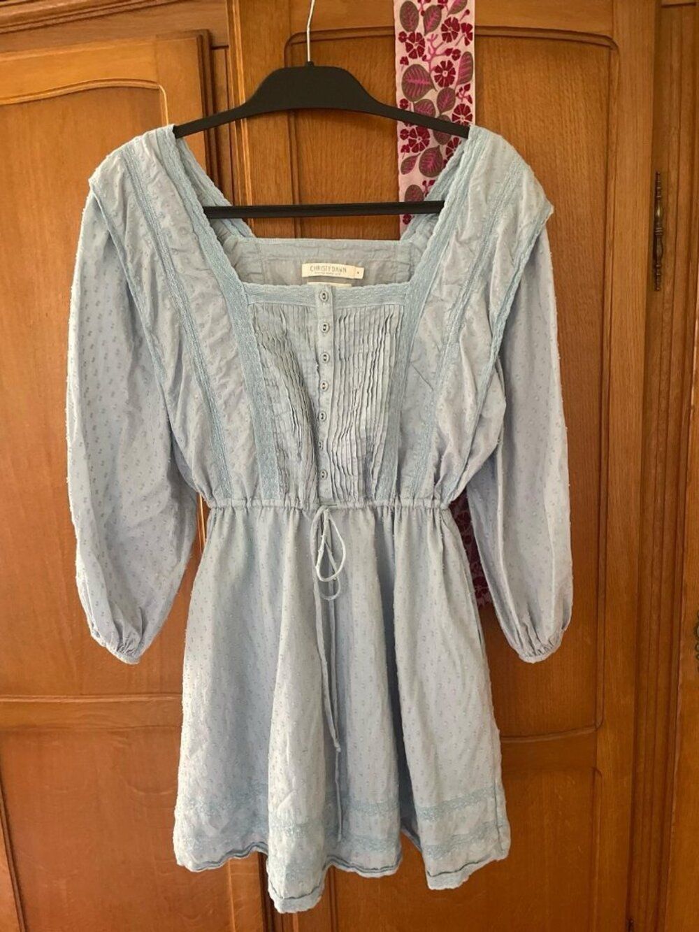 Christy Dawn Anne Dress Light Blue Cotton Pintuck Lace Trim Mini Puff Sleeve S